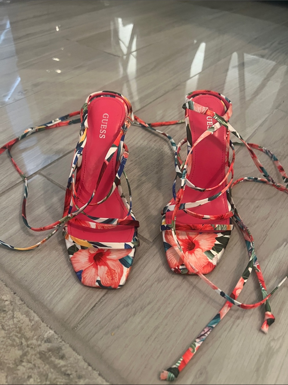 GUESS Coral Floral Wrap Heeled Sandals
